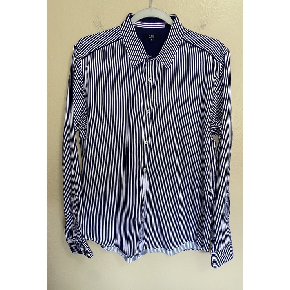 Ted Baker Shirt Mens Striped Long Sleeve Button Down Shirt SZ 4 Large Blue White